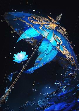 Blue Umbrella with Lotus Flower