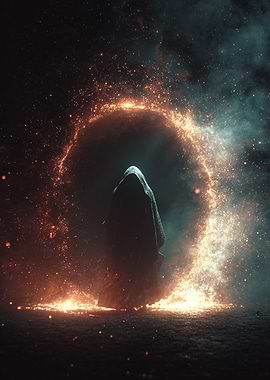Hooded Figure in Fiery Portal