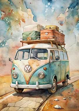 Watercolor Volkswagen Bus with Luggage