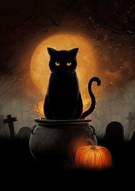 Halloween Black Cat in Cauldron