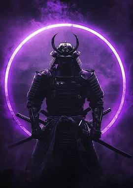 Samurai Warrior with Purple Neon Circle