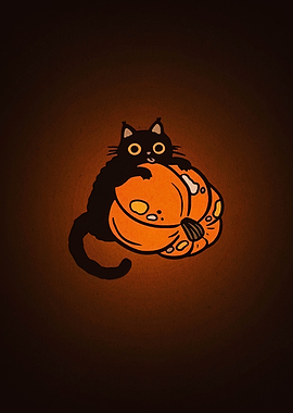 Black Cat Hugging Pumpkin Illustration