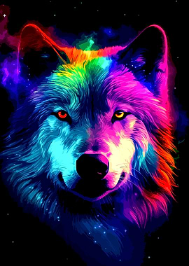 Colorful Wolf Portrait on Black Background