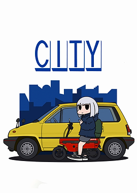 Anime Girl with Yellow Car and Scooter