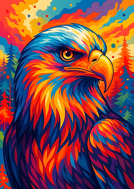 Colorful Eagle Portrait with Forest Background