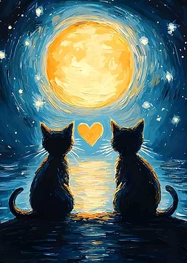Cats in Love Under the Moon