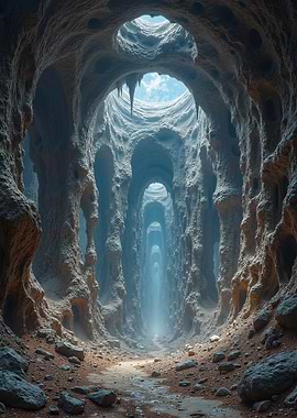 Mysterious Cave Tunnel with Sky Openings