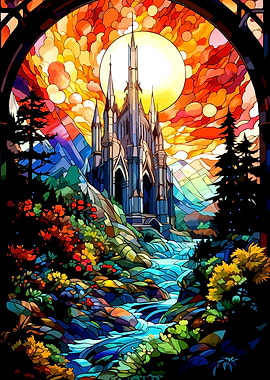 Stained Glass Castle Landscape