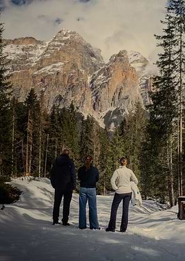 People Admiring Mountain View in Winter