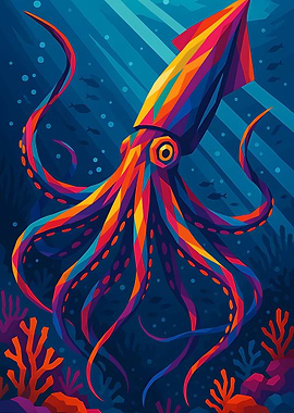Colorful Squid in Deep Blue Sea