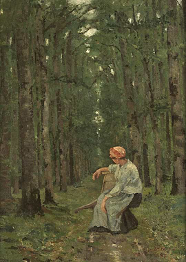 Woman Resting in Forest Painting