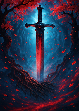 Glowing Sword in Enchanted Forest