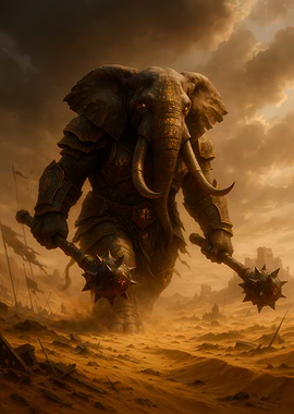 Armored Elephant Warrior in Desert Landscape