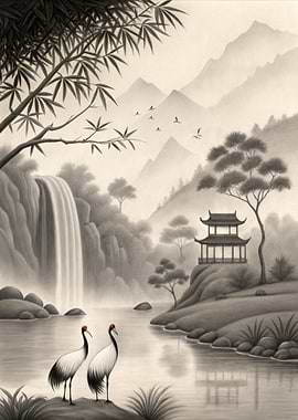 Asian Landscape with Cranes and Waterfall