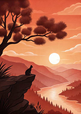 Cat Silhouette at Sunset Landscape Nature