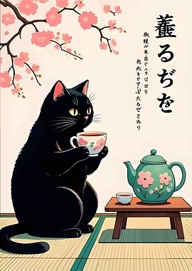 Black Cat Tea Time with Cherry Blossoms
