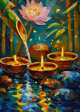 Lotus, Candles, and Bamboo Still Life