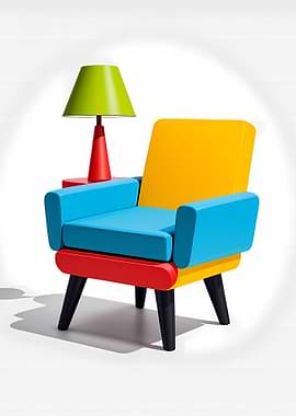 Playful Color-Block Armchair with Side Lamp in a Minimal Studio
