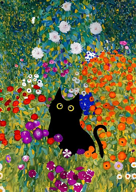 Black cat in a colorful garden