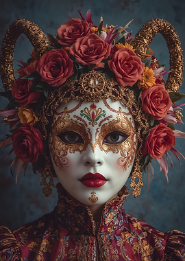 Ornate Mask with Floral and Horned Headdress