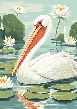 Pelican in Water Lilies Pond