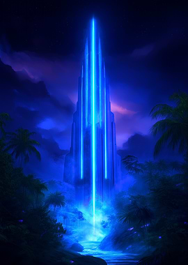 A glowing alien spire rising from a misty jungle