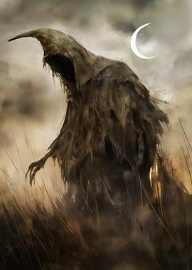 Grim Reaper in Field under Crescent Moon