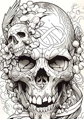 Skull with Flowers and Celtic Knots