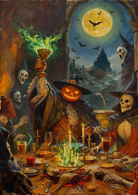 Halloween dinner with a pumpkinman and skeletons