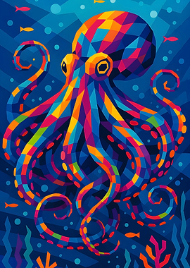 Colorful Geometric Octopus in Blue Sea