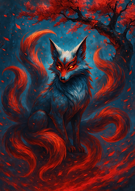Nine-tailed Fox in Red and Blue
