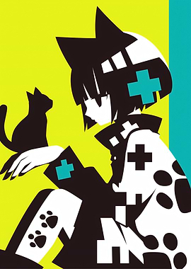 Anime Girl with Cat and Plus Signs