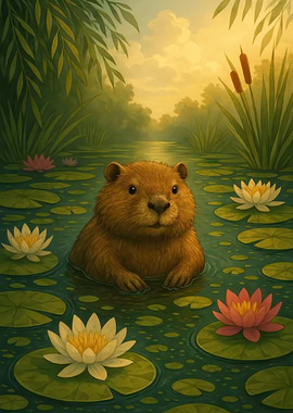 Beaver in Lily Pond Illustration