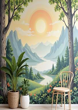 Pastel Mountain Landscape with River and Chair