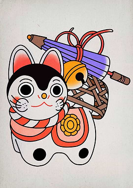 Japanese Cat Figurine with Umbrella