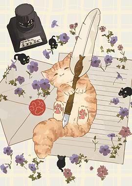 Cute Cat Writing Letter Illustration