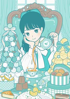 Anime Girl Tea Party with Desserts