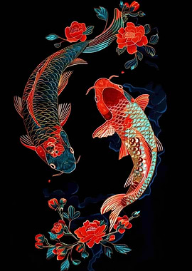 Koi Fish and Floral Arrangement