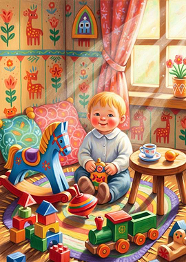 Baby Surrounded by Toys in Playroom