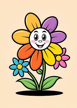Kawaii Multicolor Flower Trio with Smiling Face
