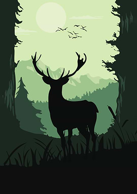 Deer Silhouette in Forest Landscape