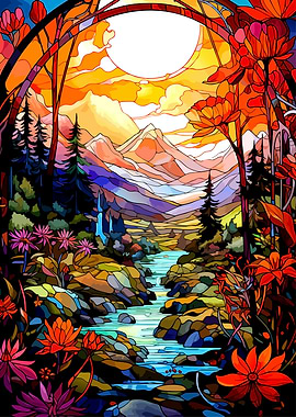 Colorful Stained Glass Landscape Painting