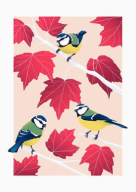 Blue Tits on Red Maple Tree Branches