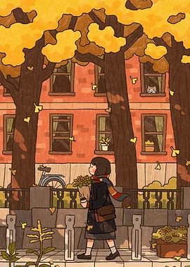 Autumn Walk with Cat in Window