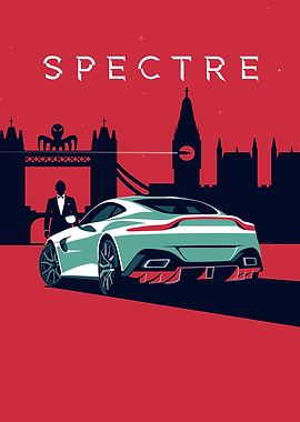 Spectre Vantage Sports Car British Spy Film Poster, 007 Fan Art