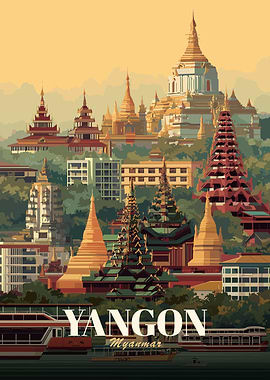 Yangon, Myanmar Cityscape Illustration