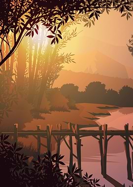 Golden Hour Forest Landscape Illustration