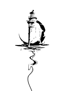 Lighthouse Ink Drawing with Water Reflection