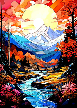 Stained Glass Mountain Landscape with River