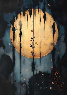 Abstract Moonlit Night with Floral Accents